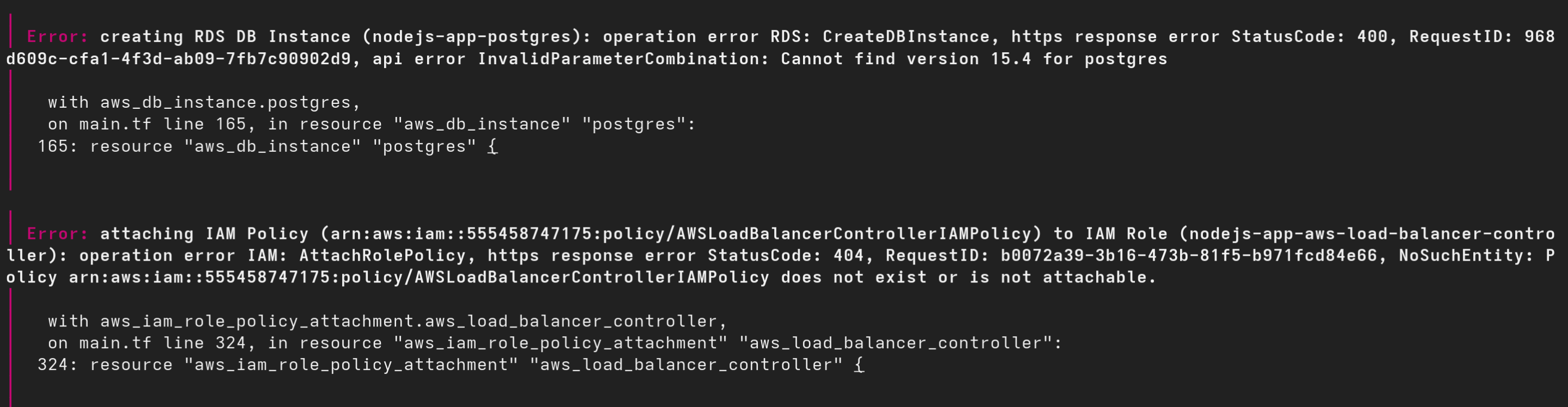 Errors received by the prompt
